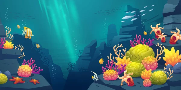 Підводний Морський Риф Пейзаж Тропічною Рибою Коралами Червоними Зірками Губками — стоковий вектор