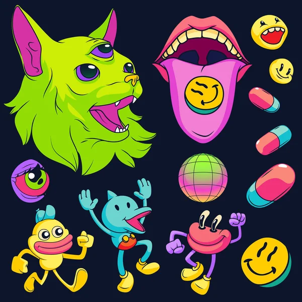 Stickers Psychédéliques Aux Drogues Chat Aux Trois Yeux Créatures Bizarres — Image vectorielle