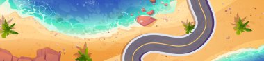 Deniz sahili boyunca uzanan asfalt yol panoramik arka plan, palmiye ağaçları, kayalar ve mavi suyla tropikal okyanus kıyısı. Kumsal manzarası doğa manzarası, Çizgi film vektör çizimi