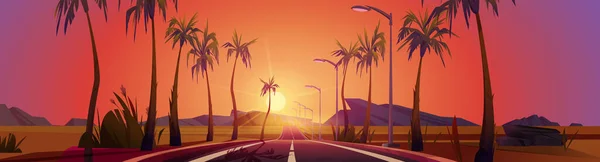 Sonnenuntergang Landschaft Straße Mit Palmen Von Seiten Perspektivischen Blick Panoramahintergrund — Stockvektor