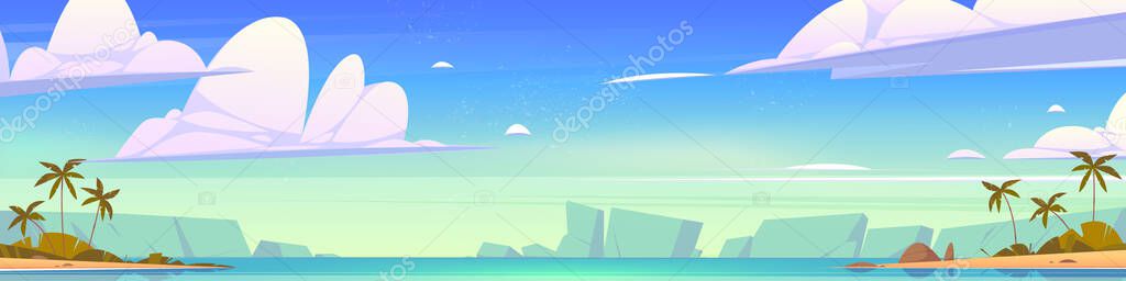 Tropical island in ocean nature landscape, panoramic background calm sea and palm trees under blue sky, tranquil water surface with rocks under beautiful cloudy heaven, Cartoon vector illustration