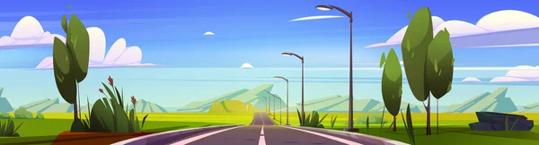 Highway Summer Mountains Landscape Panoramic Nature Background Empty Road Markup — Stock Vector