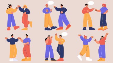 Bir grup çift kavgası, öfkeli karakterler çatışması. Karı koca ya da arkadaş skandalı, aile ilişkileri, aile içi şiddet, eş istismarı. İnsanlar küfrediyor ve tartışıyorlar. Çizgi düz vektör çizimi.