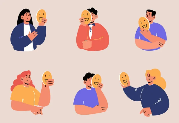 Ensemble Personnes Cachant Des Visages Derrière Des Masques Sociaux Avec — Image vectorielle