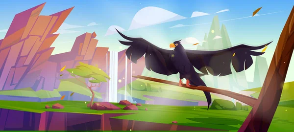 Mountain valley with waterfall and raven on tree branch. Vector cartoon illustration of summer landscape with green grass, rocks, water stream falling from cliff and black crow with spread wings