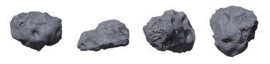 Taş asteroidler gerçekçi vektör çizimi. Meteor veya uzay kayası veya kraterli kaya beyaz arkaplanda izole edilmiş simge, çeşitli biçimlerde