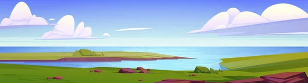 Летний Пейзаж Озером Зелеными Полями Скалами Векторная Карикатура Панораму Природы — стоковый вектор