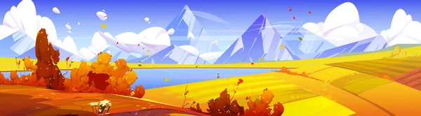 Autumn landscape with lake, agriculture fields and mountains. Vector cartoon illustration of nature scene of countryside with farmlands, river and rocks in fall