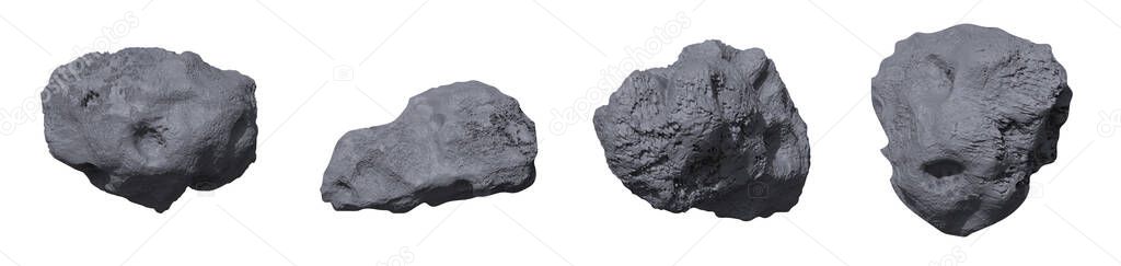 Stone asteroids realistic vector illustration. Meteor or space boulder or rock with craters isolated icon set on white background, various form