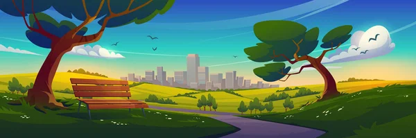 Summer Suburban Landscape Road Wooden Bench Urban Skyline Vector Cartoon — Stock Vector