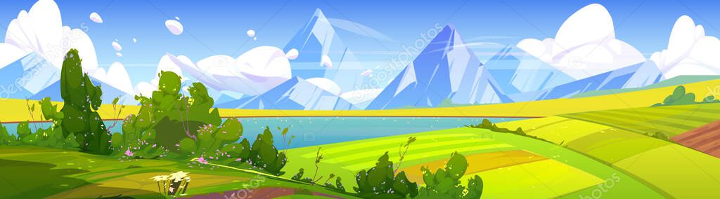 Summer landscape with lake, agriculture fields and mountains. Vector cartoon illustration of nature scene of countryside with green farmlands, river and rocks