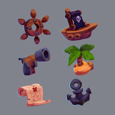 Korsan oyun ikonu, ahşap direksiyon seti, siyah yelkenli gemi kafatası, silah ve metal çapa, palmiye ağacı ve parşömen haritalı ada, ui için izole edilmiş çizimler.