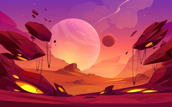 充满岩石 飞石和闪亮的黄斑的外星星球的奇景 空间游戏背景下的宇宙和行星表面全景矢量卡通画 — 图库矢量图片