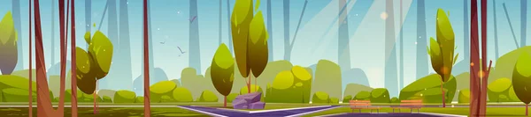 Літній Парк Панорамний Фон Міста Асфальтовою Доріжкою Зеленими Деревами Дерев — стоковий вектор