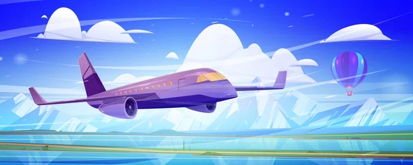飛行機は湖と緑の牧草地で山の谷の上を飛ぶ 旅客機のコンセプト ジェットと飛ぶ熱気球と風景のベクトル漫画のイラスト — ストックベクタ