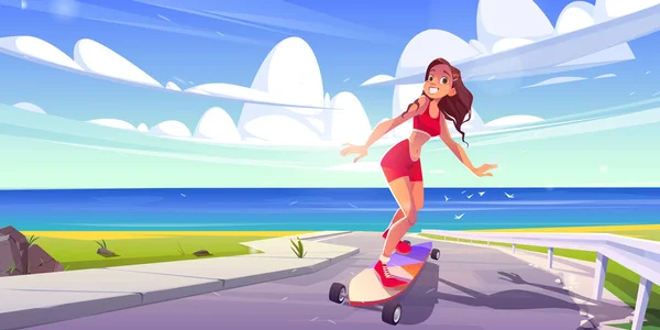 海の道でスケートボードに乗って幸せな女の子 青い海 緑の草 アスファルトのパスとロングボード上の若い女性スケーターと夏の風景のベクトル漫画のイラスト — ストックベクタ