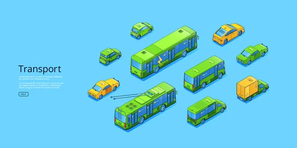 Bannière Web Isométrique Transport Différents Modes Transport Voitures Trolleybus Camions — Image vectorielle