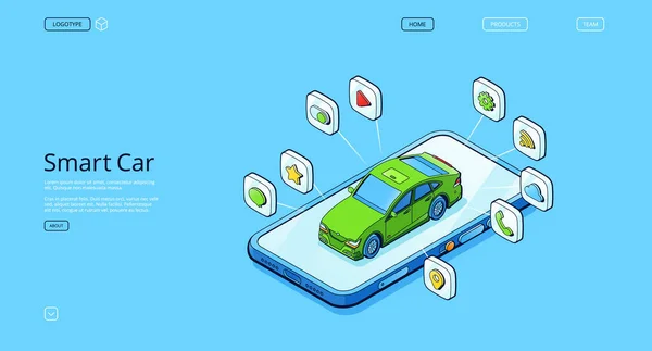 Izometryczna Strona Lądowania Inteligentnego Samochodu Autonomiczne Stoisko Samochodowe Ekranie Smartfona — Wektor stockowy