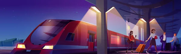 Geceleri Tren Istasyonunda Bavulu Olan Insanlar Şehir Manzarasının Elektrik Lambasındaki — Stok Vektör