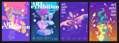 Retro asit tasarımı resimli sanat sergisi posterleri. Müze veya galeri için soyut heykel, kristaller ve dokunaçlarla çağdaş modaya uygun arka plana sahip taşıyıcı davetiyeler