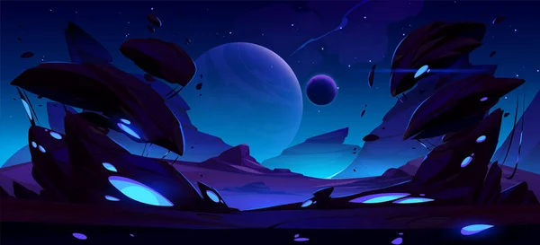 Fantástica Paisagem Noturna Planeta Alienígena Com Rochas Pedras Voadoras Brilhantes — Vetor de Stock