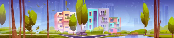 Zöld Városrész Modern Házakkal Esős Napokon Városi Építészeti Lakások Parkosított — Stock Vector