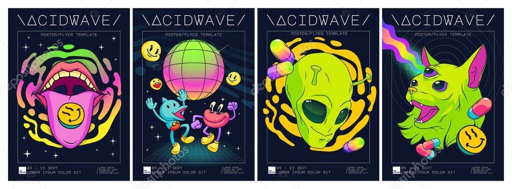Psychedelic rave trip party banner templates set, martian head and cat with three eyes, mouth with tongue and disco ball, acid backgrounds. Vector cartoon hippie posters with druds