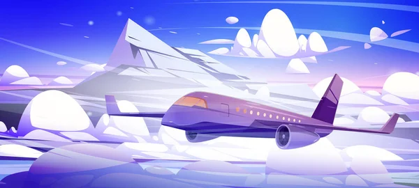 飛行機は山の近くの白いふわふわの雲の上を雪で飛ぶ 旅客機 民間航空の概念 岩と曇りの背景に飛行機のベクトル漫画のイラスト — ストックベクタ