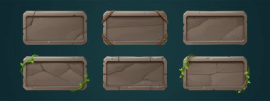 Oyun taşı düğmeleri, dikdörtgen çerçeveler veya ui seviye simgeleri. Çizgi film tasarımı. Yeşil sarmaşık, çatlak ve ipli boş rozetler veya afişler, münferit ödül, ödül veya bonus grafik unsurlar, vektör rpg seti