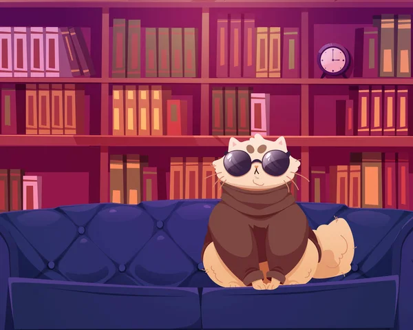 Funny white cat in black sunglasses and warm sweater sitting on sofa. Vector cartoon illustration of luxury office or library interior with cool pet on leather couch