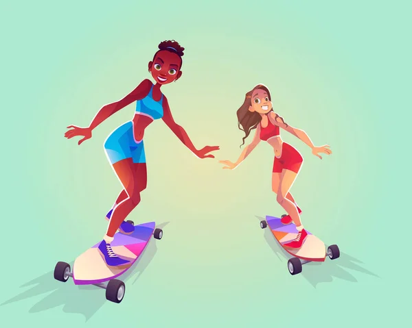 スケートボードに乗って幸せな女の子 ベクトル漫画孤立したイラストの夏のレジャー 若いアフリカ系アメリカ人と白人女性スケートボード上 休暇中のガールフレンド一緒に — ストックベクタ