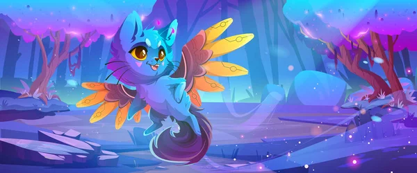 Cute monster cat on magical forest or fantasy planet landscape. Cartoon funny fluffy character with fairy wings and antennas. Strange animal, odd kitten Halloween creature, Vector illustration