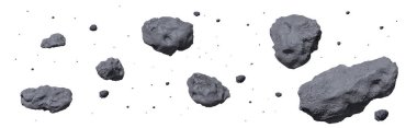 Taş asteroit kuşağı gerçekçi vektör çizimi. Meteor, uzay kayası ya da kraterlerle birlikte beyaz zemin üzerinde izole edilmiş, yerçekimsiz ikon şeklinde uçan kaya.