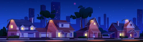 Street in suburb district with residential houses and city on skyline at night. Vector cartoon landscape illustration suburban cottages with garages, trees and road in dusk and electrical lamp light