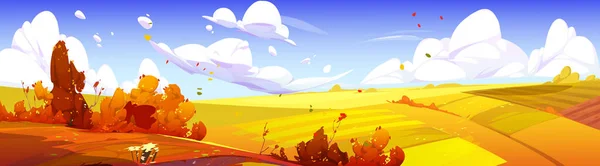 Autumn landscape with orange agriculture fields. Vector cartoon illustration of nature scene of countryside with farmlands in fall, harvest season
