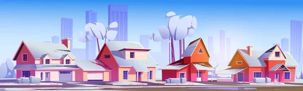 Casas Suburbanas Com Arranha Céus Neve Cidade Horizonte Desenho Animado —  Vetores de Stock