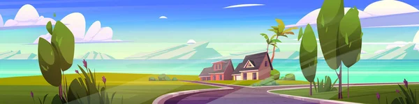 夏の自然景観の郊外住宅 道路は山の湖 緑の芝生 木や花の周りのコテージ 田舎の建物と住宅地につながる 漫画のベクトルイラスト — ストックベクタ
