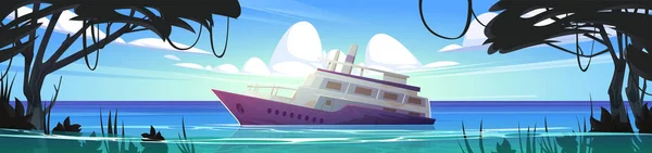 Sunken cruise ship in ocean harbor near tropical island with lianas and trees. Beautiful summer landscape with old passenger liner sinking in sea water after shipwreck, Cartoon vector illustration