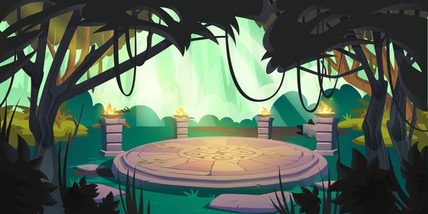 Ancient Circle Stone Altar Fire Pillars Jungle Vector Cartoon Illustration — Stock Vector