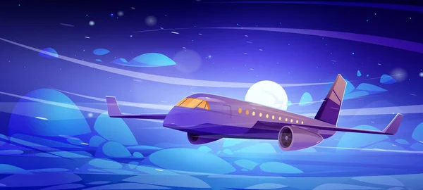 飛行機は雲と満月と夜空に飛ぶ 旅客航空機の飛行 商業航空の概念 暗い空に大きな飛行機を飛んでのベクトル漫画のイラスト — ストックベクタ