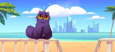 Şirin kedi deniz sahilinde ahşap teras çitinde oturuyor. Palmiye ağaçları ve korkuluk verandasında siyah komik tüylü kedi yavrusu olan tropik yaz manzarasının vektör çizimi, arka planda şehir silüeti