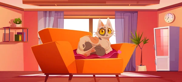 Wohnzimmer Mit Süßer Katze Die Auf Kissen Auf Dem Sofa — Stockvektor