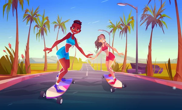Šťastné Dívky Skateboardu Silnici Vektorové Kreslené Ilustrace Letní Krajiny Horami — Stockový vektor