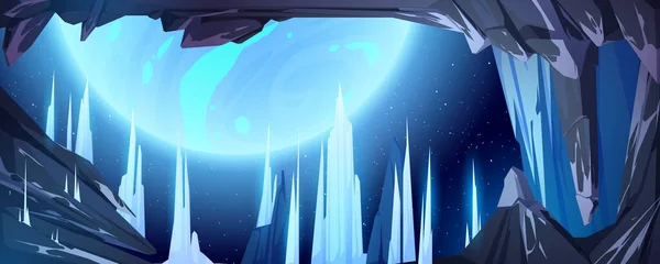 Peisaj Planetar Extraterestru Vedere Spațială Din Peștera Înghețată Stalagmite Gheață — Vector de stoc