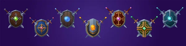 Set of game shields with swords, cartoon fantasy medieval armor of metal and wood decorated with gems. Knight ammo, iron or wooden guard screens collection, ui design elements, isolated vector icons