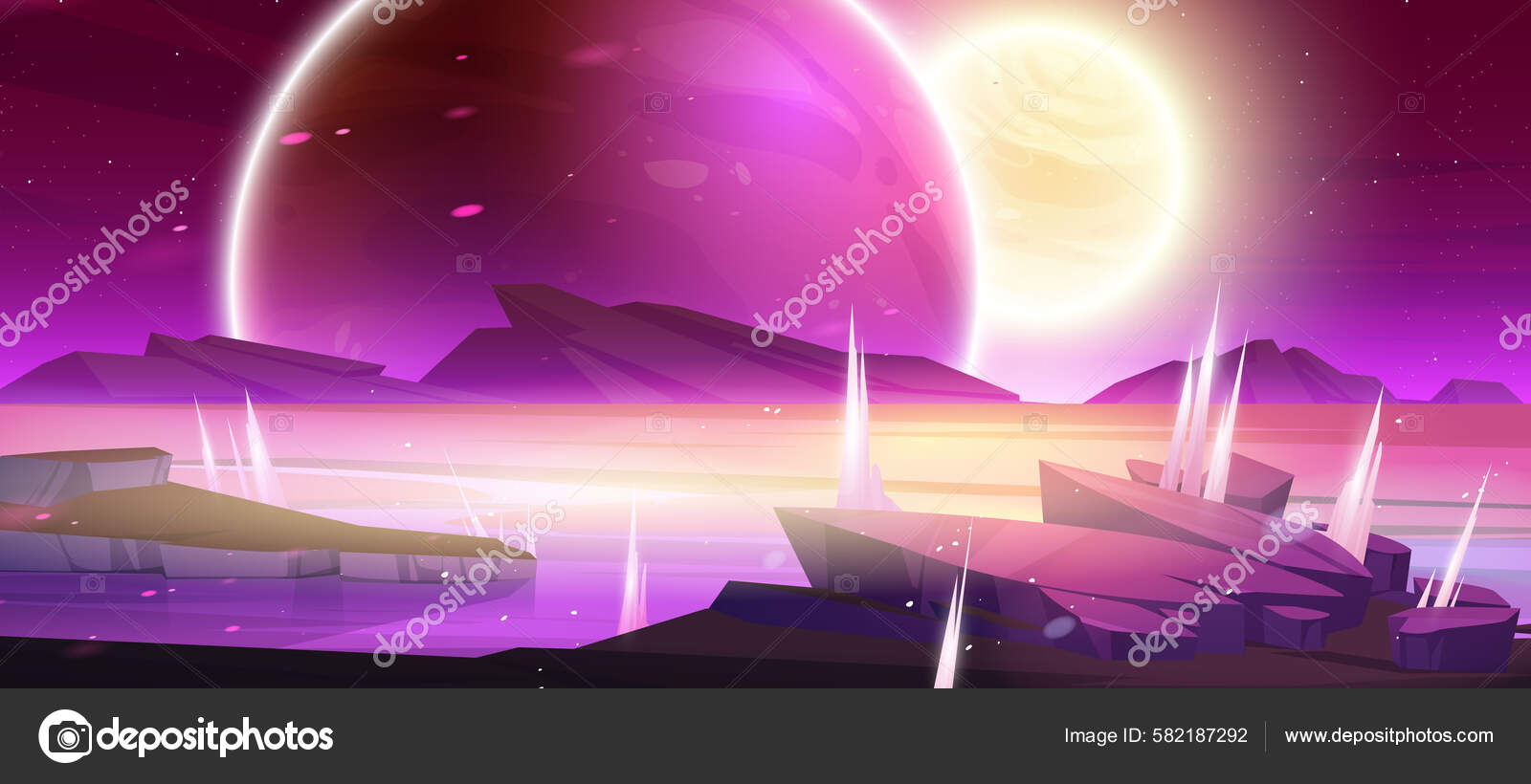 Planeta Alienígena Paisaje Espacio Fondo Con Rocas Estanque Congelado Bajo  Vector de stock #582187292 de ©klyaksun, image size:1600x820