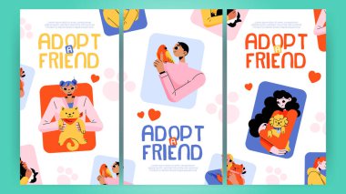 Bir arkadaş afişi al. İnsanlar evcil hayvanlara, hayvan evlat edinme kavramına sarılıyor. Elinde sevimli komik kediler ve ellerinde kobay olan genç kadınlar var. İnsan şefkati, sevgi ve hayırseverlik Doğrusal düz vektör web pankartı