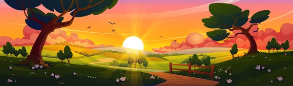 Summer nature landscape with country road and agriculture fields at sunset. Vector cartoon illustration of rural countryside of farmland with wooden fence, road and trees in yellow sun beams