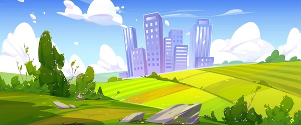 Zomer Scene Met Groene Velden Stad Skyline Vector Cartoon Illustratie — Stockvector