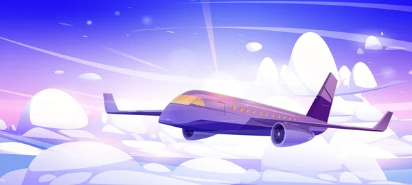 Plane Fly Sky White Fluffy Clouds Sun Concept Passenger Aircraft — Stock vektor